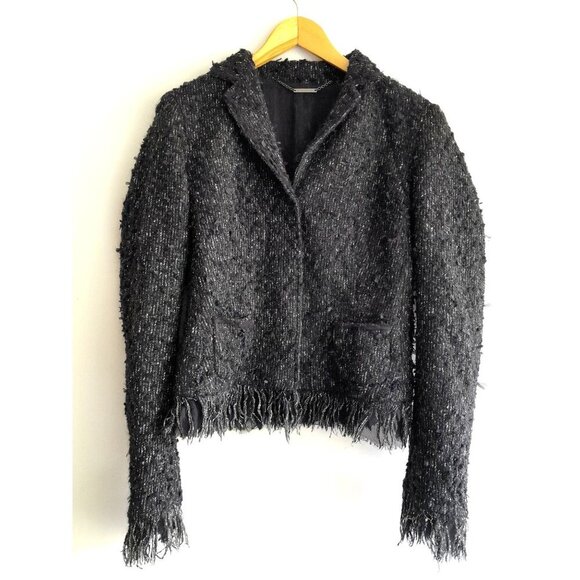 Elie Tahari Size Medium Tweed Wool Alpaca Mohair Fringe Hem Comfy Casual Jacket - Picture 1 of 13